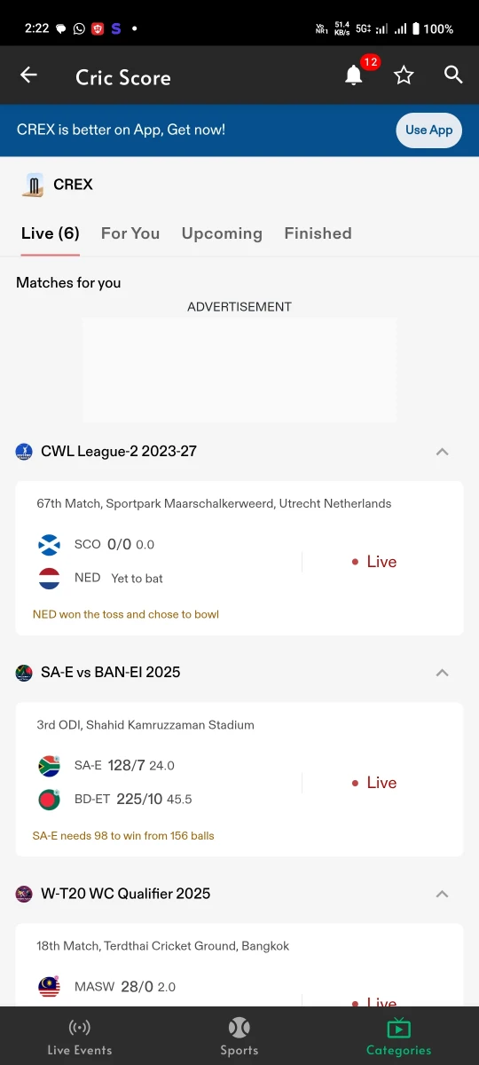Cricfy TV Scoreboard